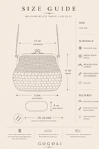 Size guide for the handmade crochet evening bag showing a 12 cm top width, 11 cm body height, 12 × 8 cm base and 122 cm detachable chain.