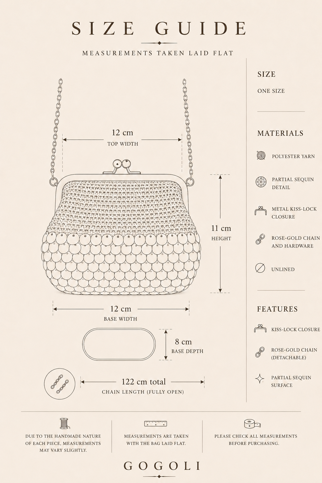 Size guide for the handmade crochet evening bag showing a 12 cm top width, 11 cm body height, 12 × 8 cm base and 122 cm detachable chain.