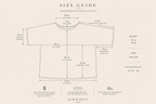 Size guide for the handmade crochet tunic with laid-flat neckline, sleeve, bust, length and hem measurements.