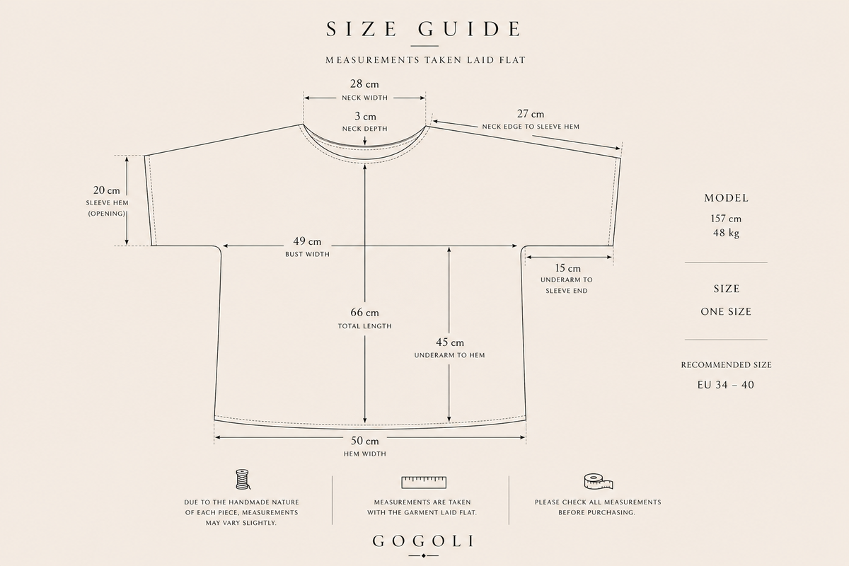 Size guide for the handmade crochet tunic with laid-flat neckline, sleeve, bust, length and hem measurements.