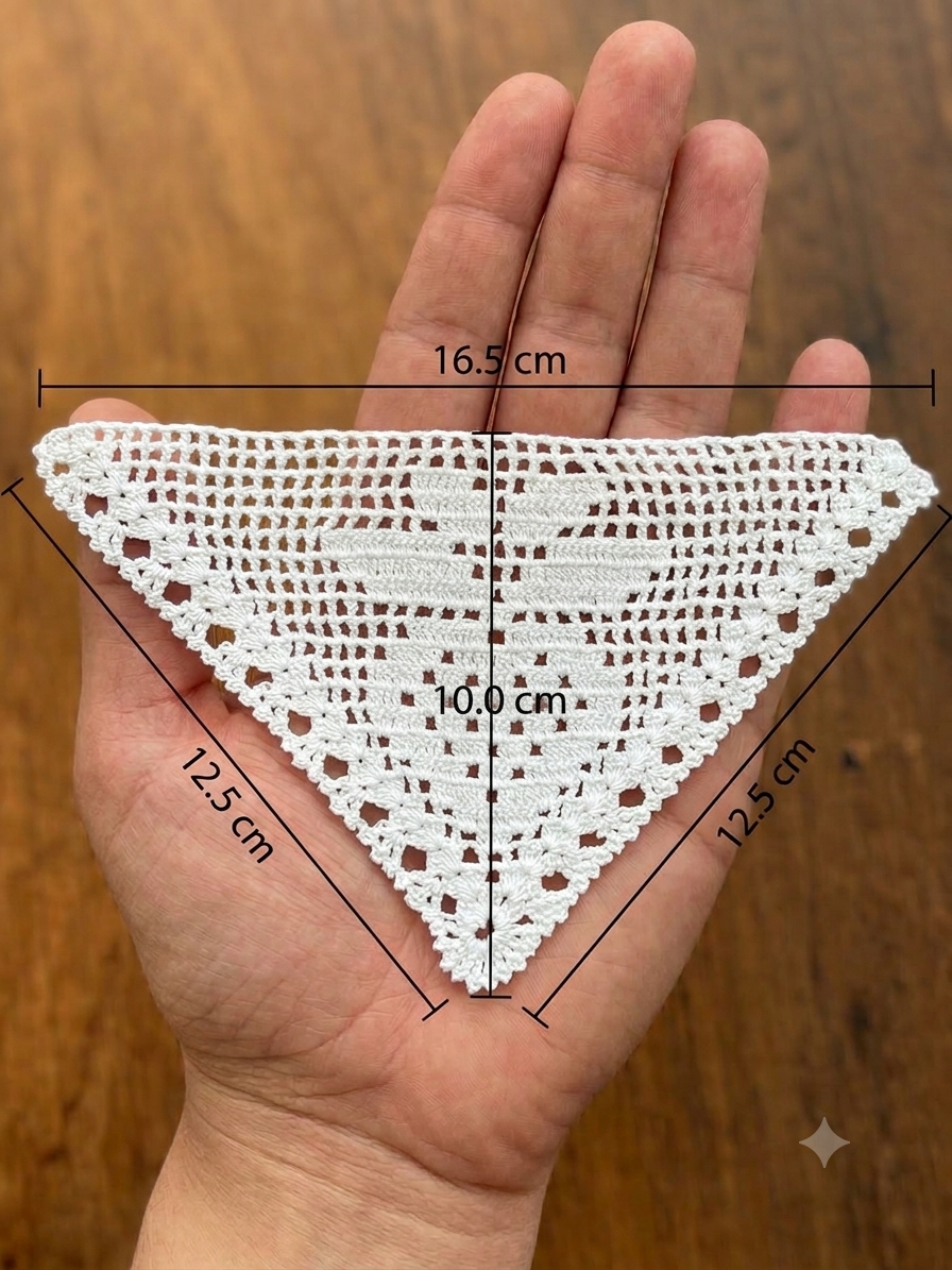 Hand holding one white triangular crochet lace motif to demonstrate its small size and delicate filet pattern.