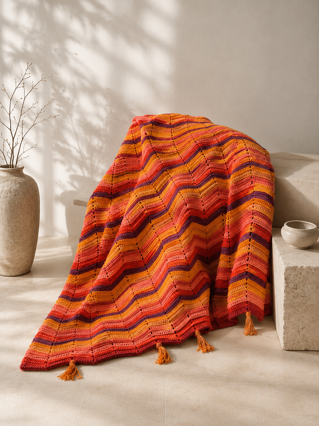 Multicolour chevron crochet blanket draped over a neutral display, showing its soft and fluid structure