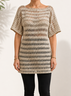Front view of the handmade taupe-grey crochet tunic top with a wide neckline, relaxed short sleeves and subtle metallic shimmer.