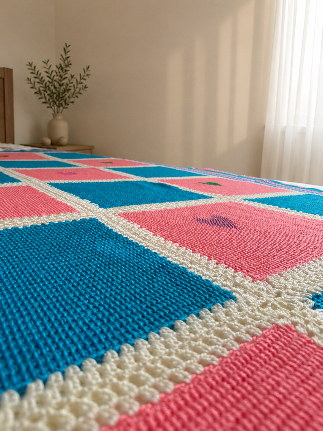 Close view of the turquoise and pink Tunisian crochet panels with cream joining lines and a small embroidered heart.