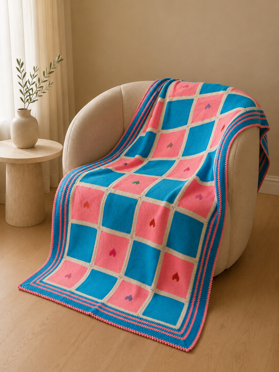 Large handmade Tunisian crochet blanket draped over a chair, showing its graphic panel layout and striped border.