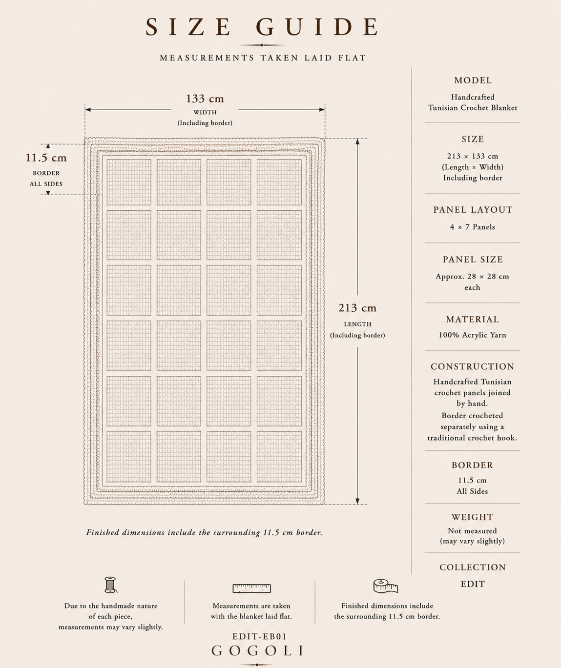 Size guide for the handmade Tunisian crochet blanket showing a finished size of approximately 213 by 133 centimetres.