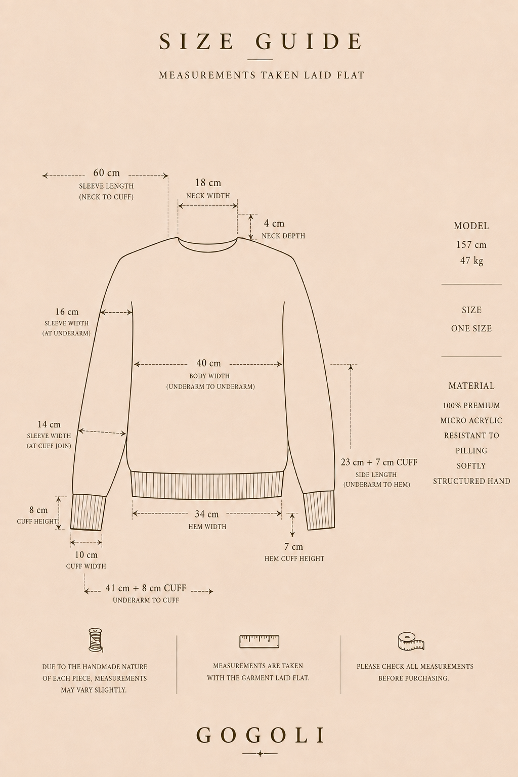 Size guide for the two-tone green crochet jumper showing a 40 cm body width, 60 cm sleeve length and 18 cm neck width.