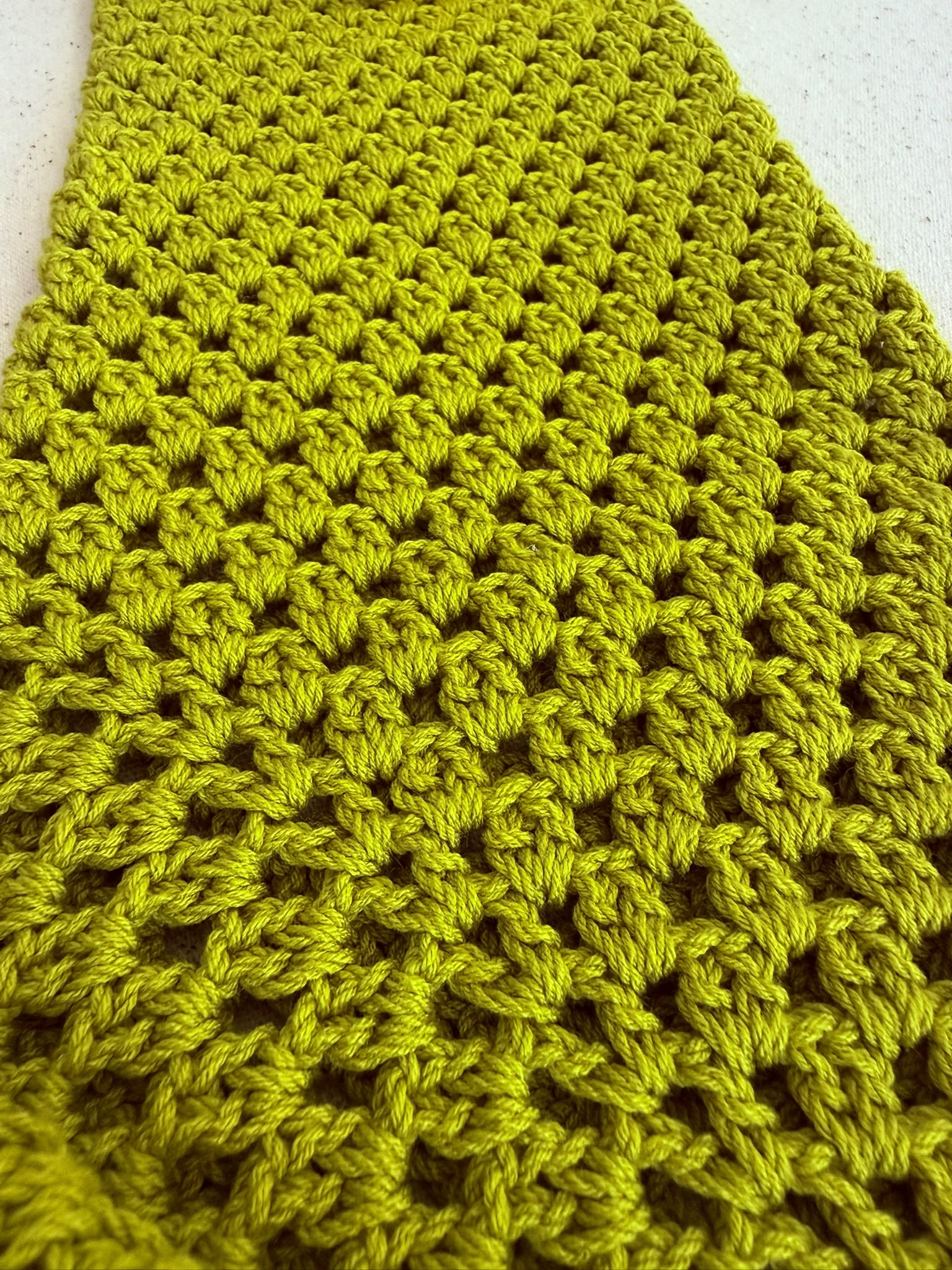 Close-up of the handmade green crochet jumper showing the repeating openwork stitch pattern and softly structured acrylic texture.