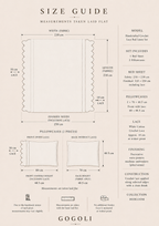 Size guide for the white cotton bed linen set showing a 210 × 250 cm finished sheet and two 80 × 48.5 cm lace-front pillowcases.