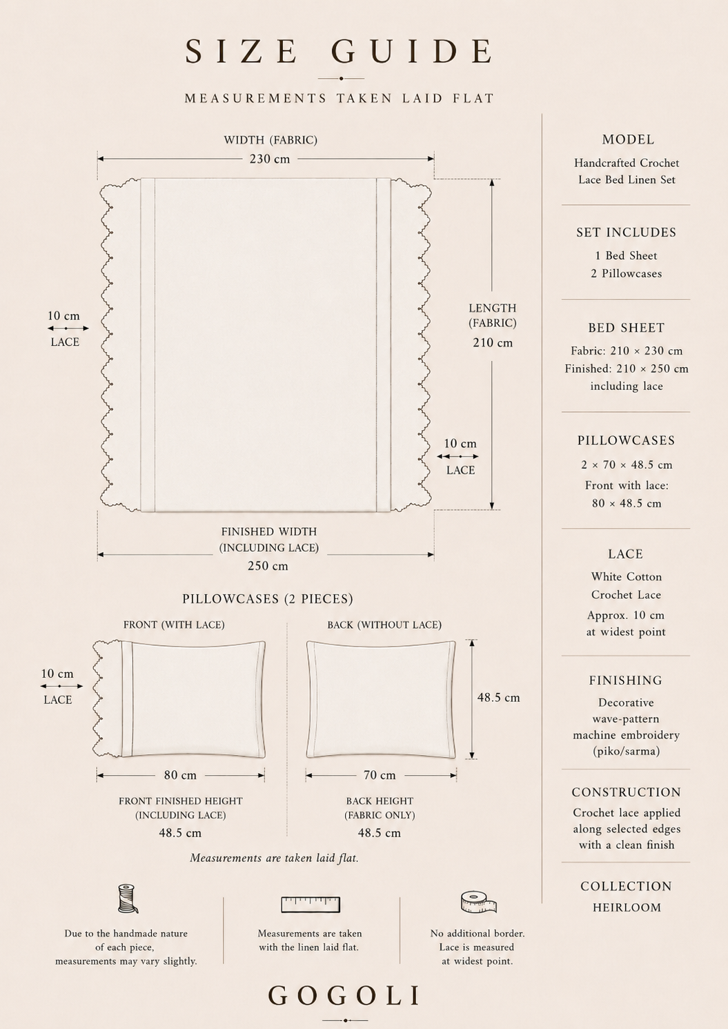 Size guide for the white cotton bed linen set showing a 210 × 250 cm finished sheet and two 80 × 48.5 cm lace-front pillowcases.