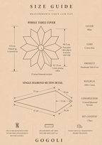 Size guide for the white cotton crochet table cover showing a 113 cm maximum point-to-point span and 12 joined diamond sections.