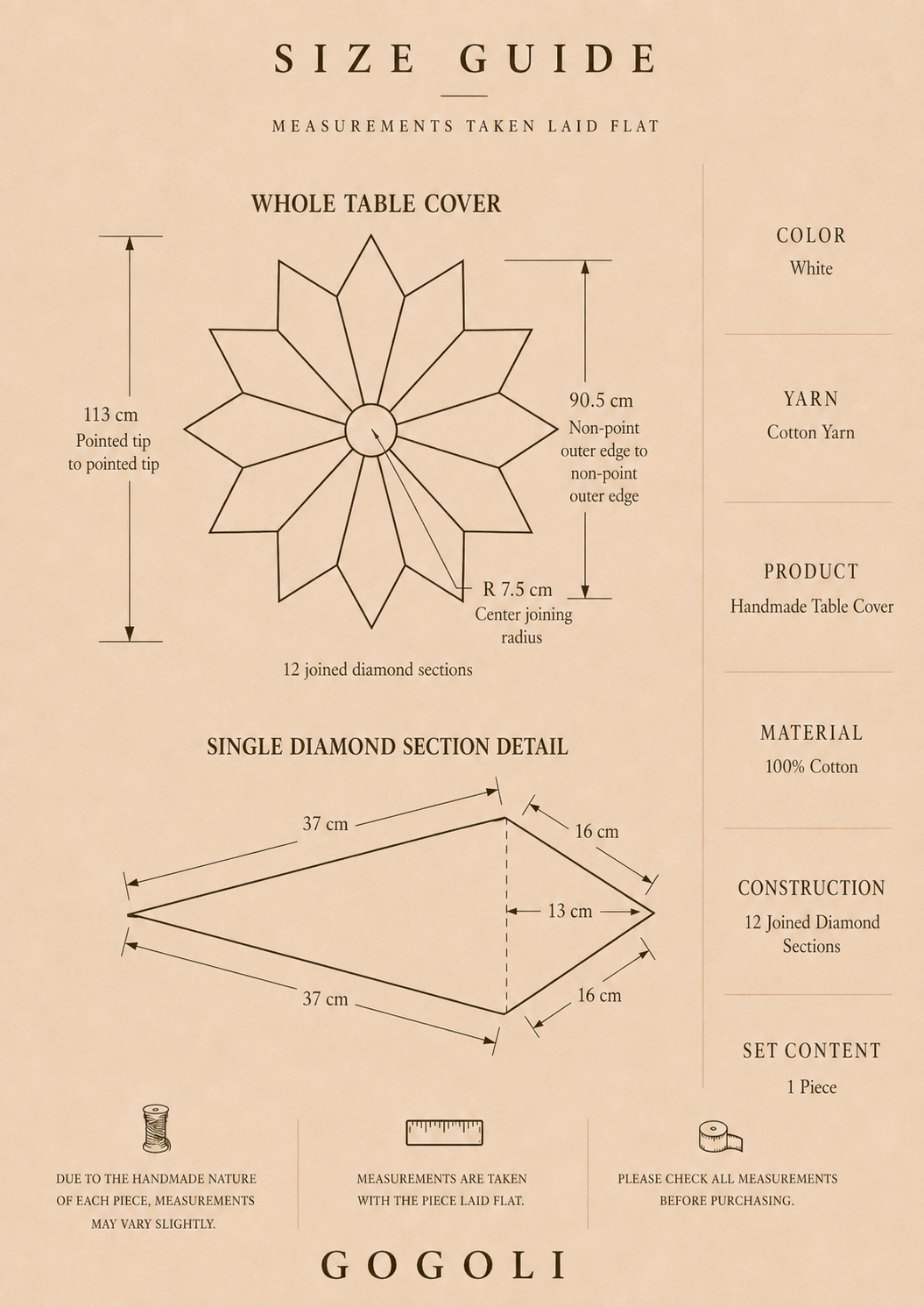 Size guide for the white cotton crochet table cover showing a 113 cm maximum point-to-point span and 12 joined diamond sections.