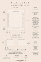 Size guide for the white cotton bed linen set showing a 242 × 198 cm sheet and two 56 × 49 cm pillowcases with inset crochet lace.