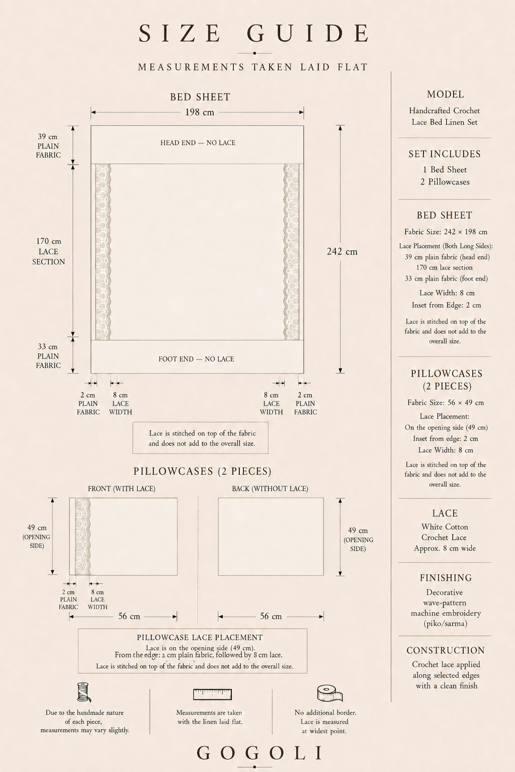 Size guide for the white cotton bed linen set showing a 242 × 198 cm sheet and two 56 × 49 cm pillowcases with inset crochet lace.