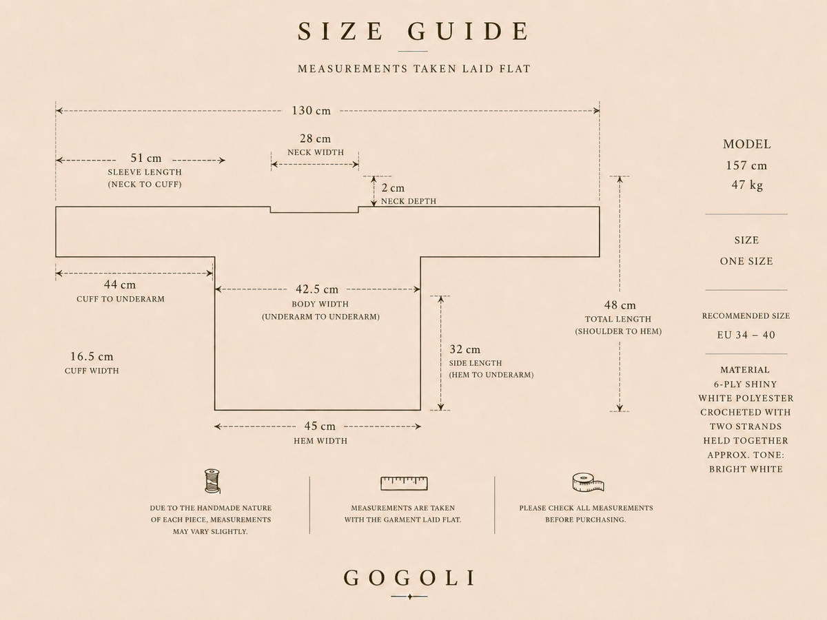 Size guide for the white crochet blouse showing a 130 cm cuff-to-cuff width, 48 cm total length and one-size measurements.