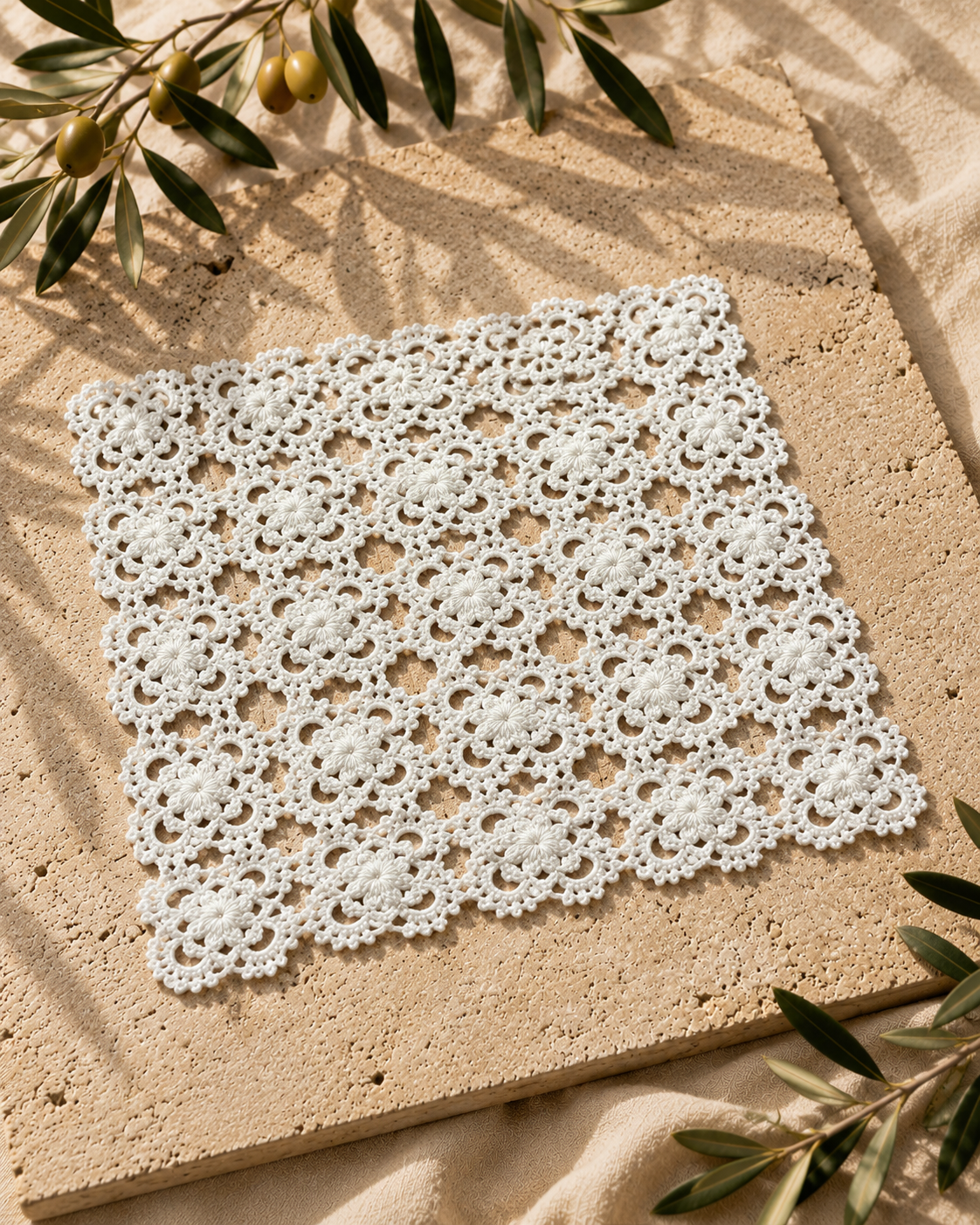 Close-up of a small white crochet doily showing its floral motifs and handmade cotton thread texture.