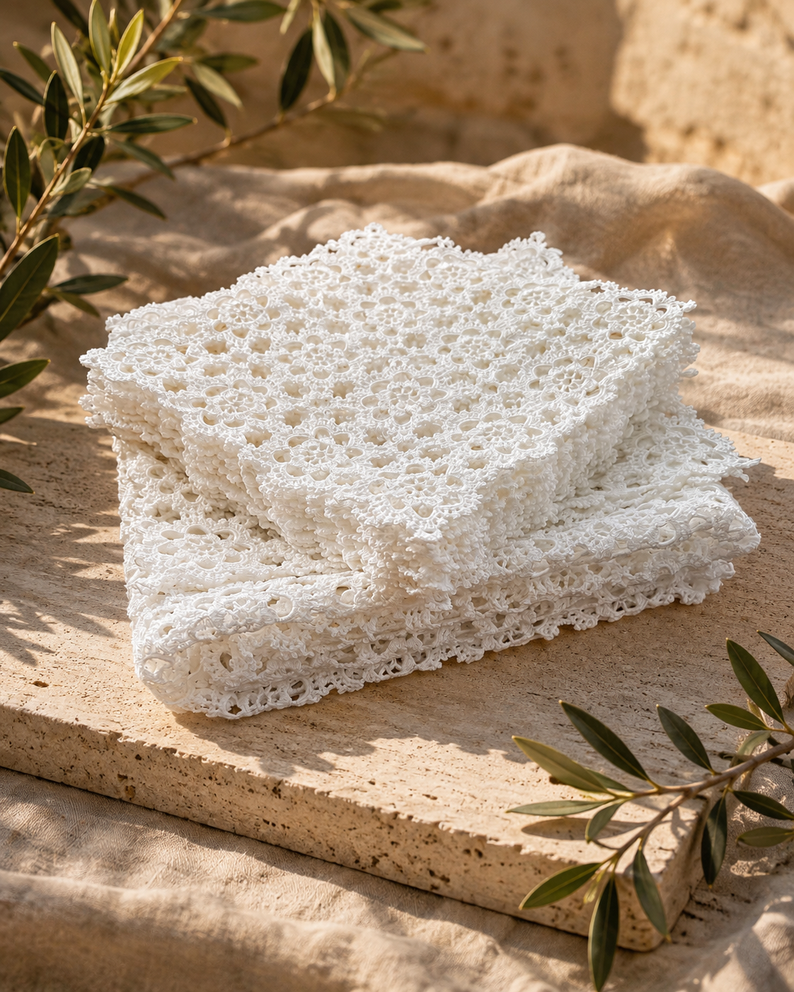 Folded stack of small white cotton crochet doilies showing their floral motif edges and fine handmade texture.