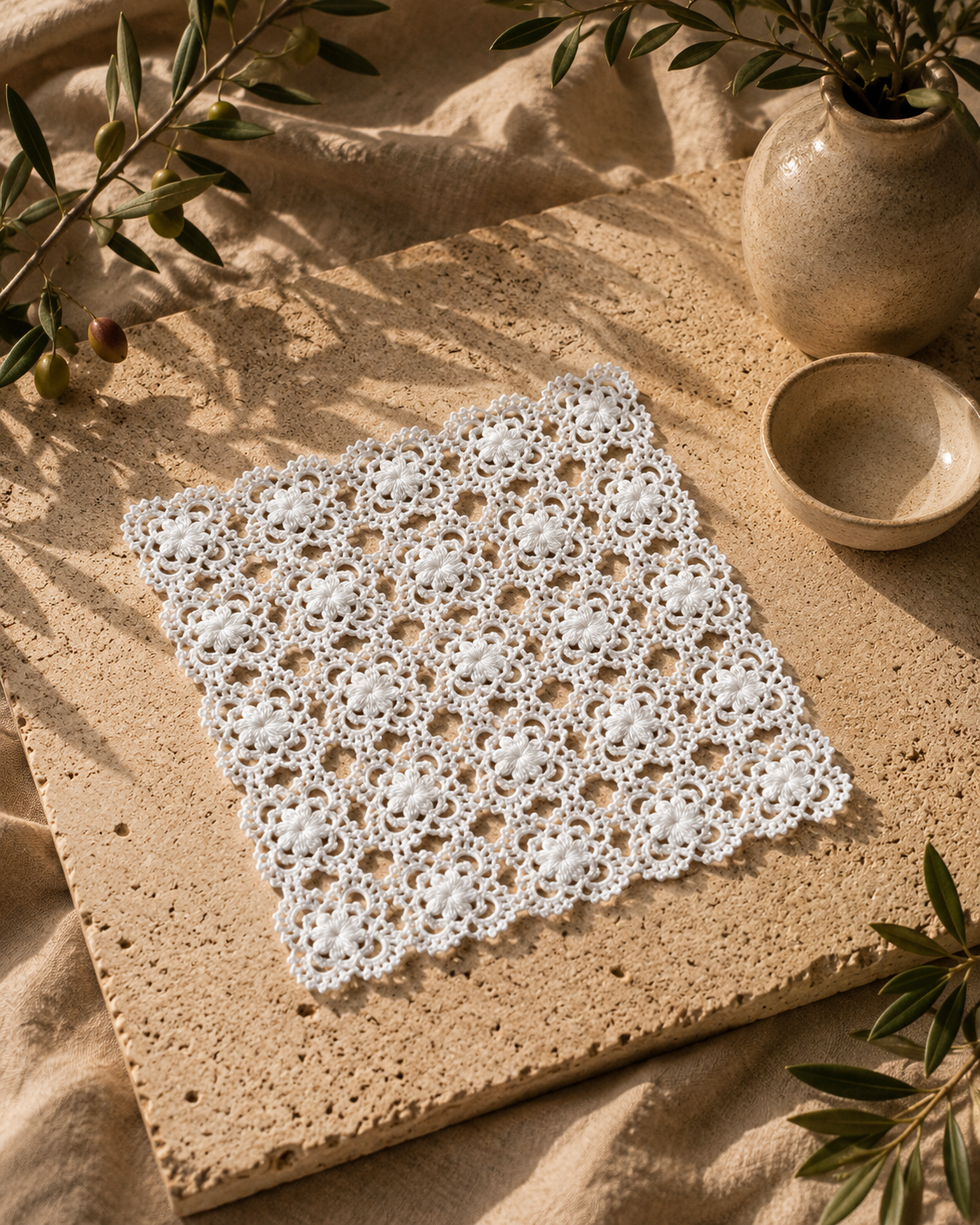 Small white floral crochet doily from a handmade twelve-piece cotton table-linen set, displayed on a stone surface.