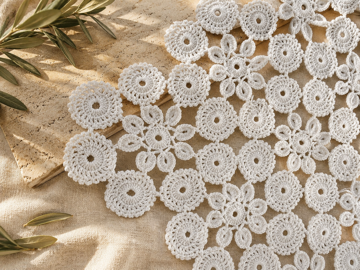 Close view of the handmade white crochet doily set showing its alternating floral motifs, circular medallions and open lace construction.