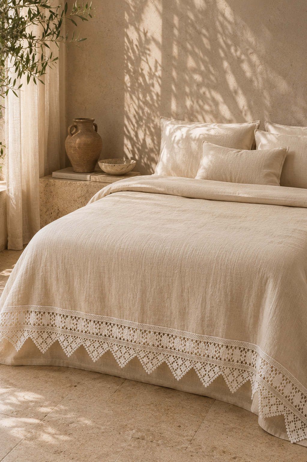 White crochet lace border styled along a bed textile edge as a decorative application example.