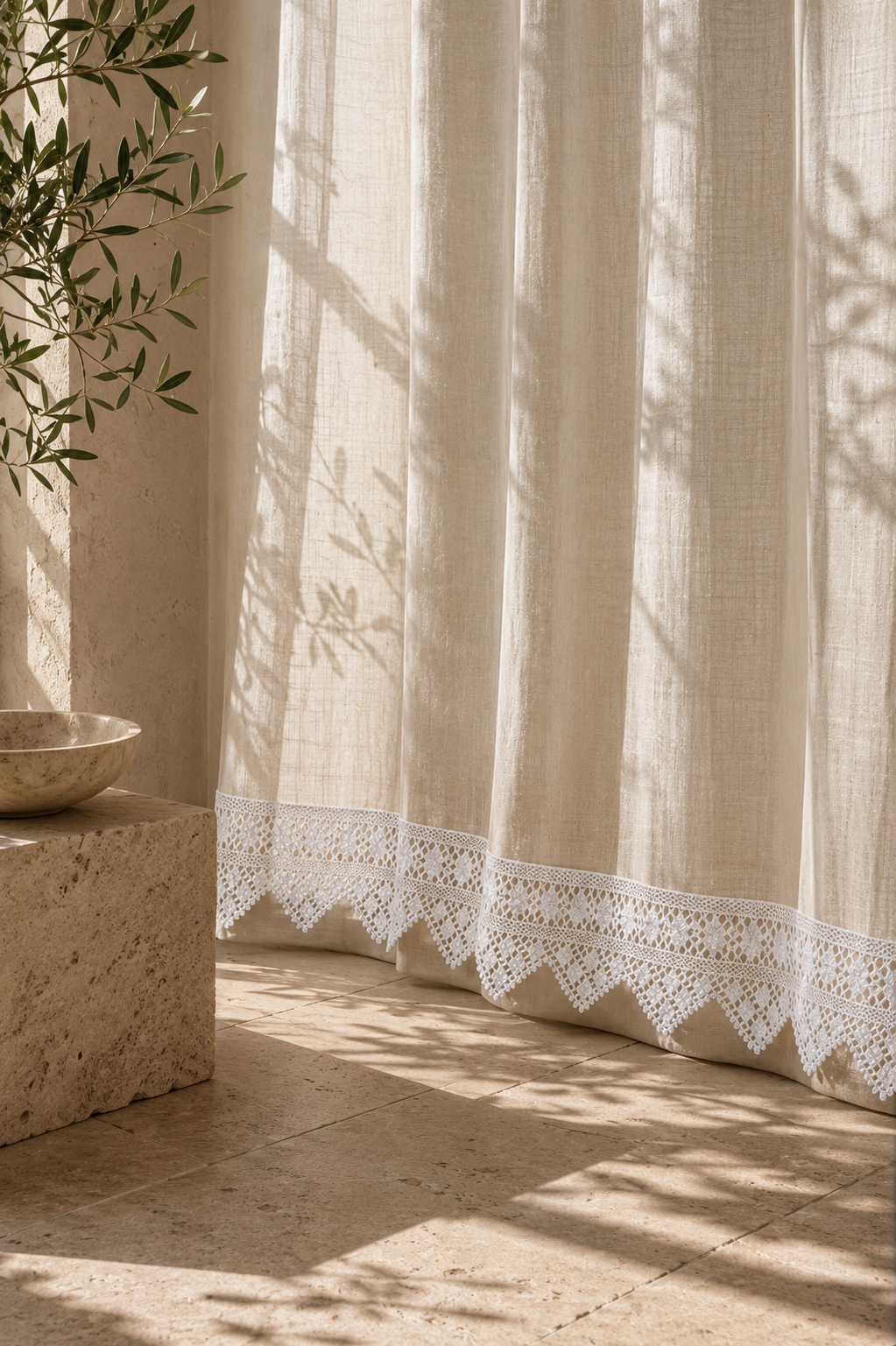 White crochet lace border styled along a curtain edge as a decorative application example.