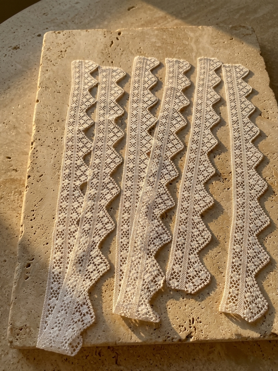 Flat-lay view of the four-piece white crochet lace border set showing the different strip lengths and pointed tips.