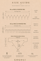 Size guide for the white crochet lace border set showing two 88 cm pieces, two 185 cm pieces and the triangle repeat detail.