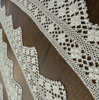 Close-up of the white crochet lace border showing the openwork stitch pattern and pointed edging detail.