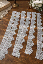 All four white crochet lace border pieces arranged on a wooden floor to show their full lengths and pointed ends.