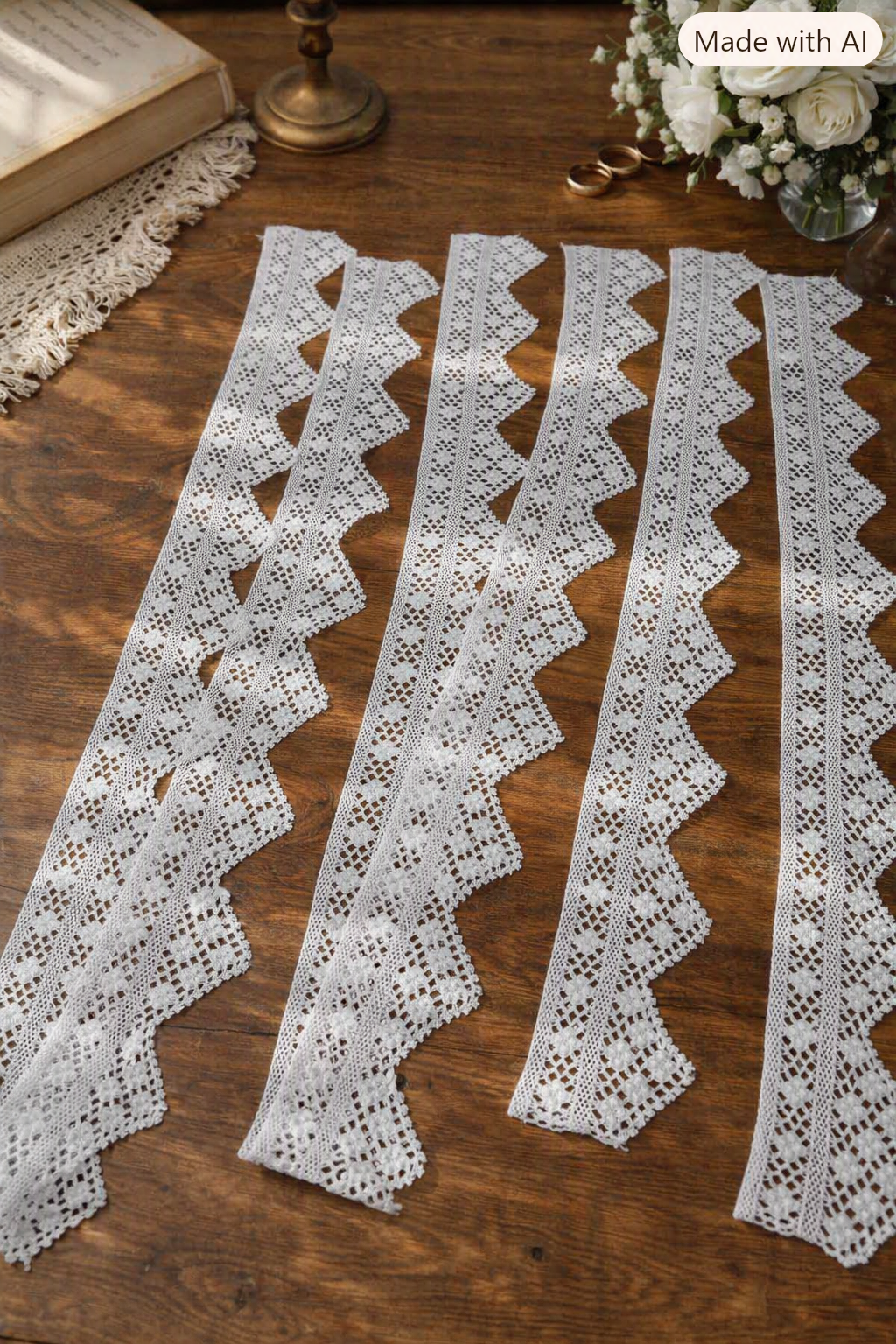 All four white crochet lace border pieces arranged on a wooden floor to show their full lengths and pointed ends.