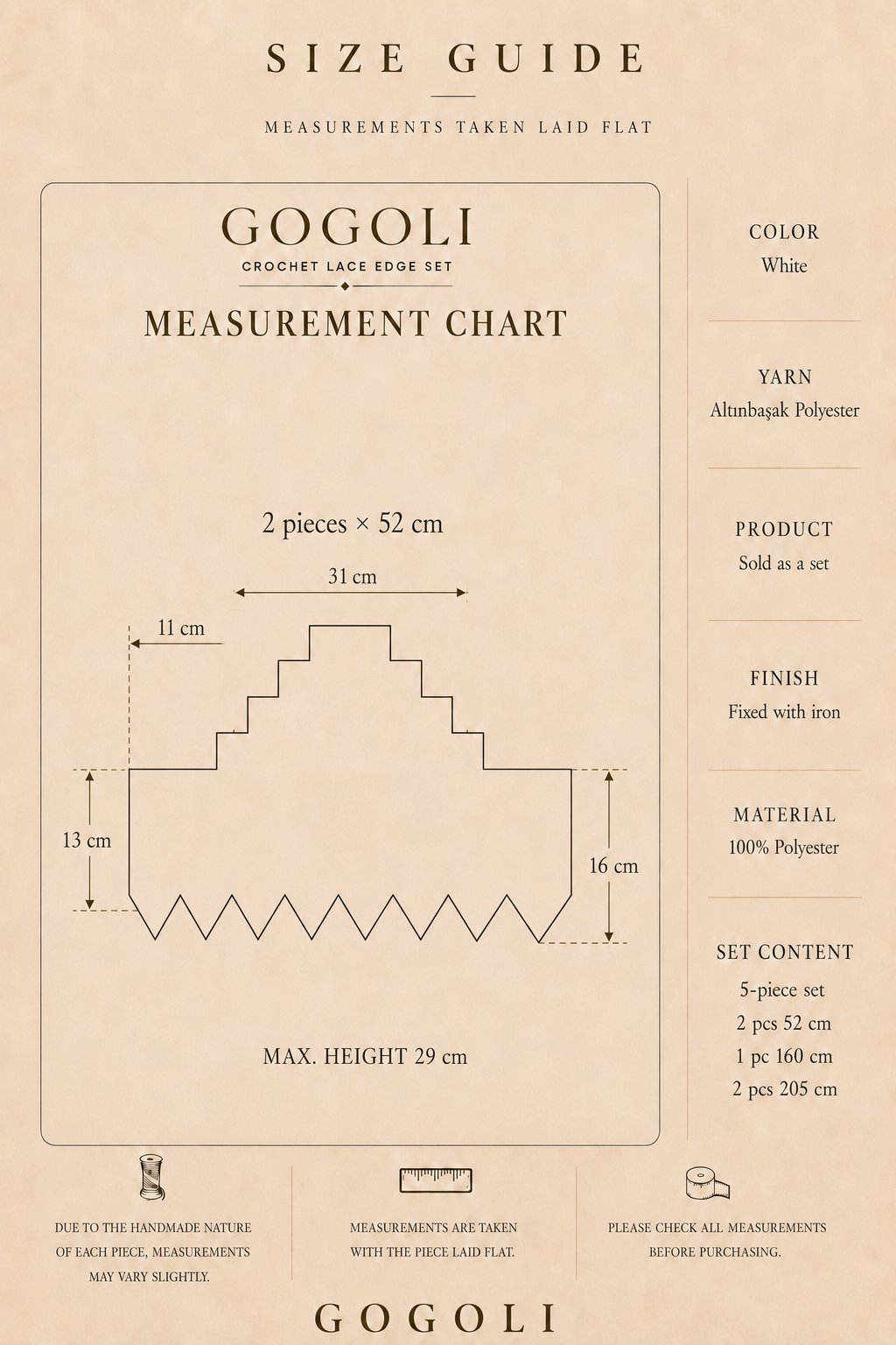 Measurement guide for the two 52 cm crochet lace pieces showing a 31 cm stepped section and maximum height of 29 cm.