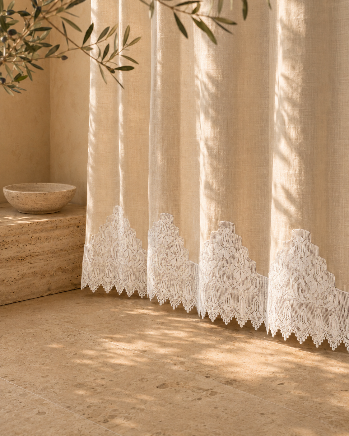White pointed crochet lace styled along curtain edges as an application reference; the curtains are not included.