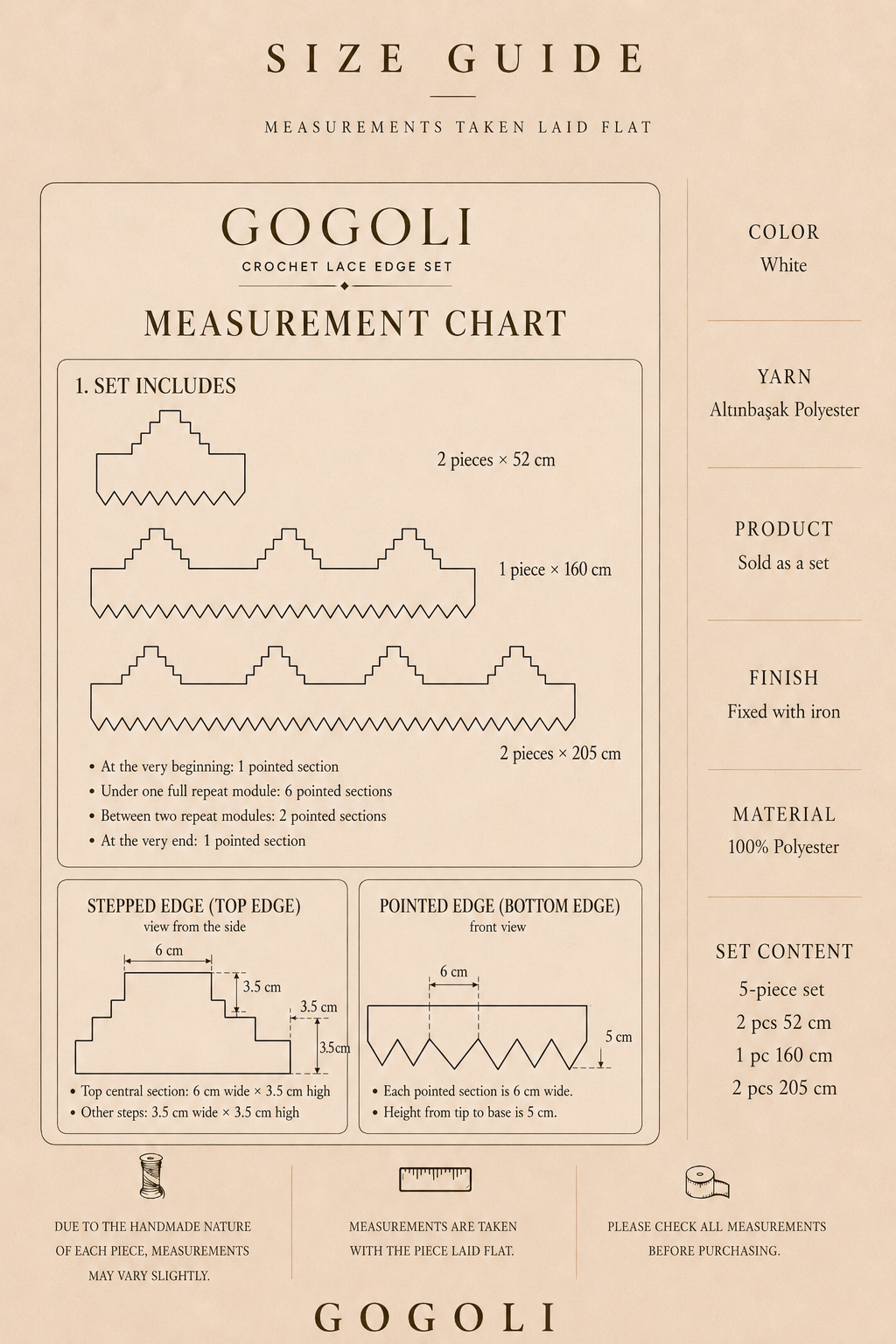 Measurement guide for the five-piece crochet lace edge set with two 52 cm, one 160 cm and two 205 cm pieces.