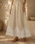 White stepped crochet lace styled along a flowing skirt as a garment application reference; the skirt is not included.