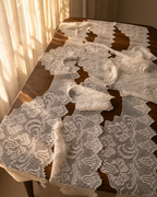White crochet lace edge pieces draped over an upholstered surface as a decorative application reference; furnishings are not included.