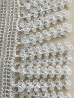 Close-up of the hand-finished white crochet fringe along the lace panel edge