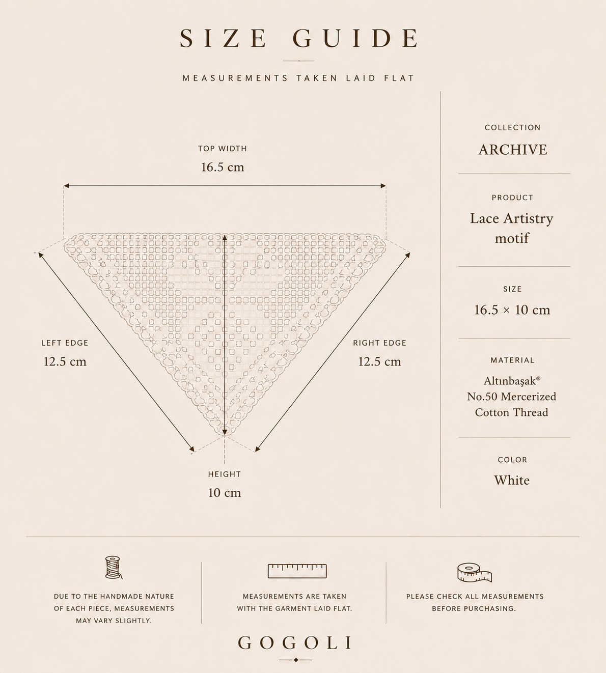 Size guide for the white triangular crochet lace motif measuring approximately 16.5 cm wide and 10 cm high.