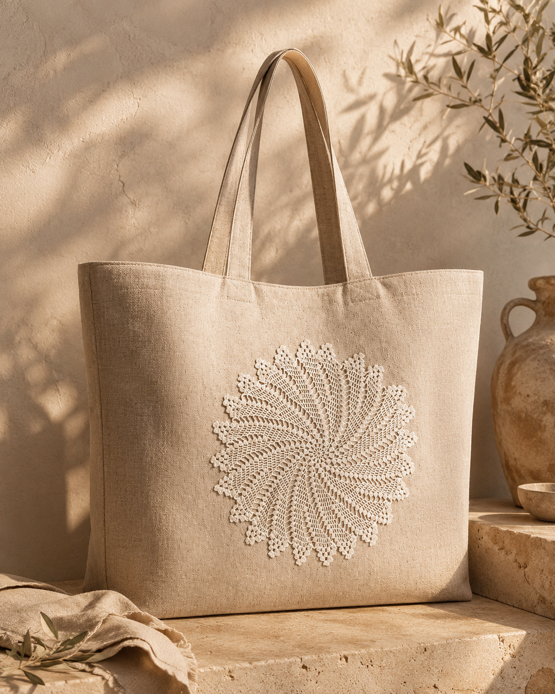 Round white crochet lace motif shown on a natural fabric tote bag as a possible sew-on decoration.