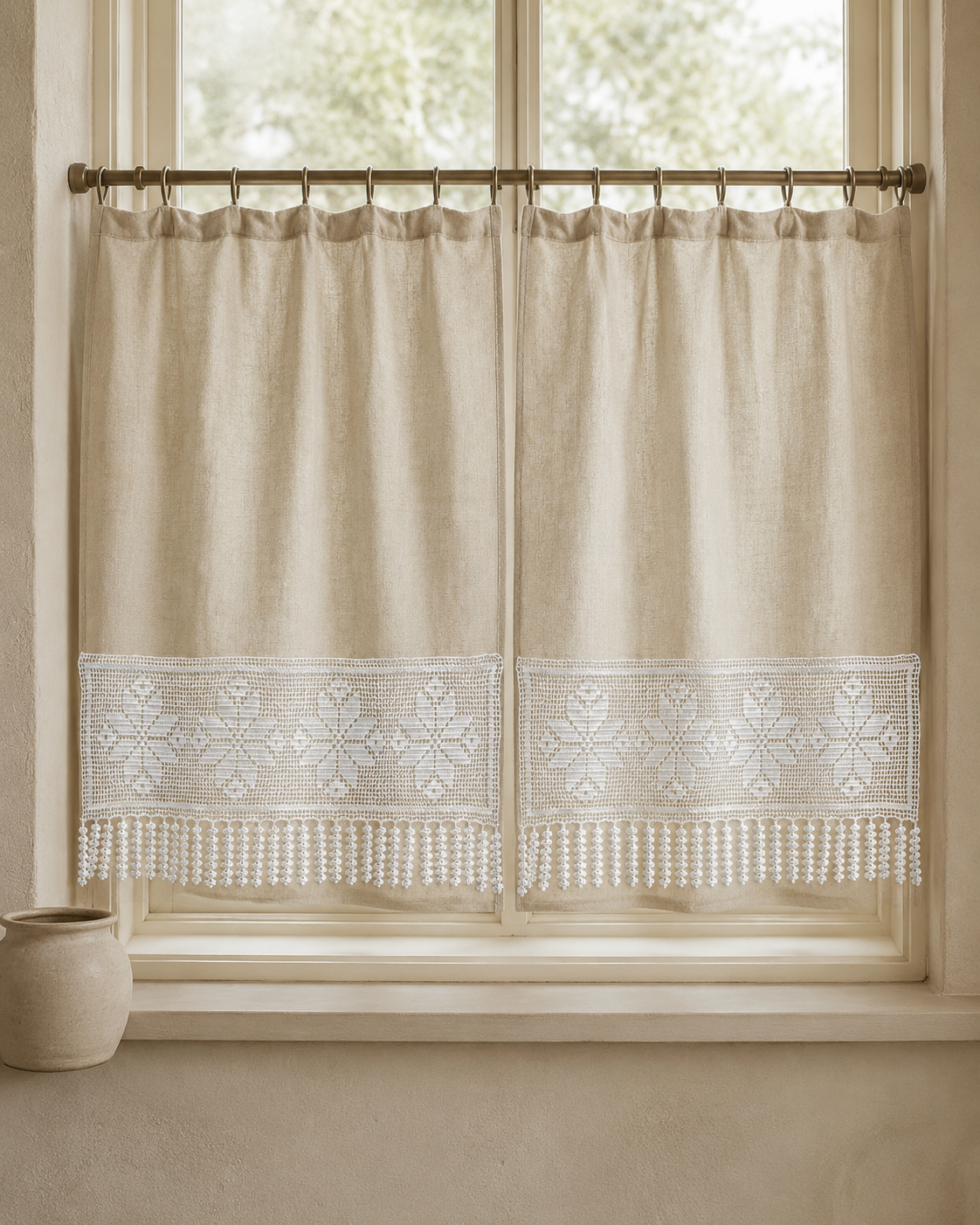White floral crochet lace panel used as a decorative border on a neutral curtain