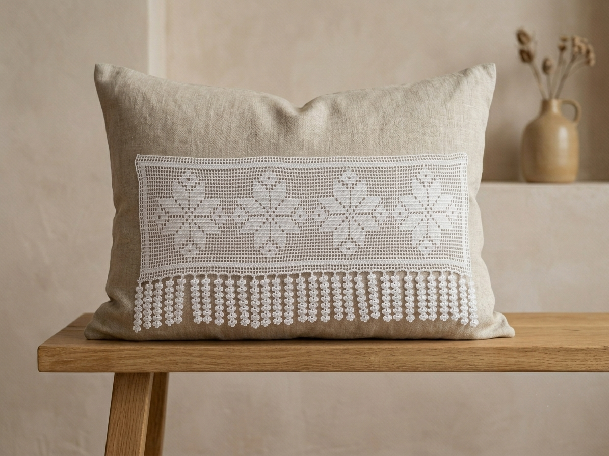 White floral crochet lace panel used as a decorative detail on a neutral cushion