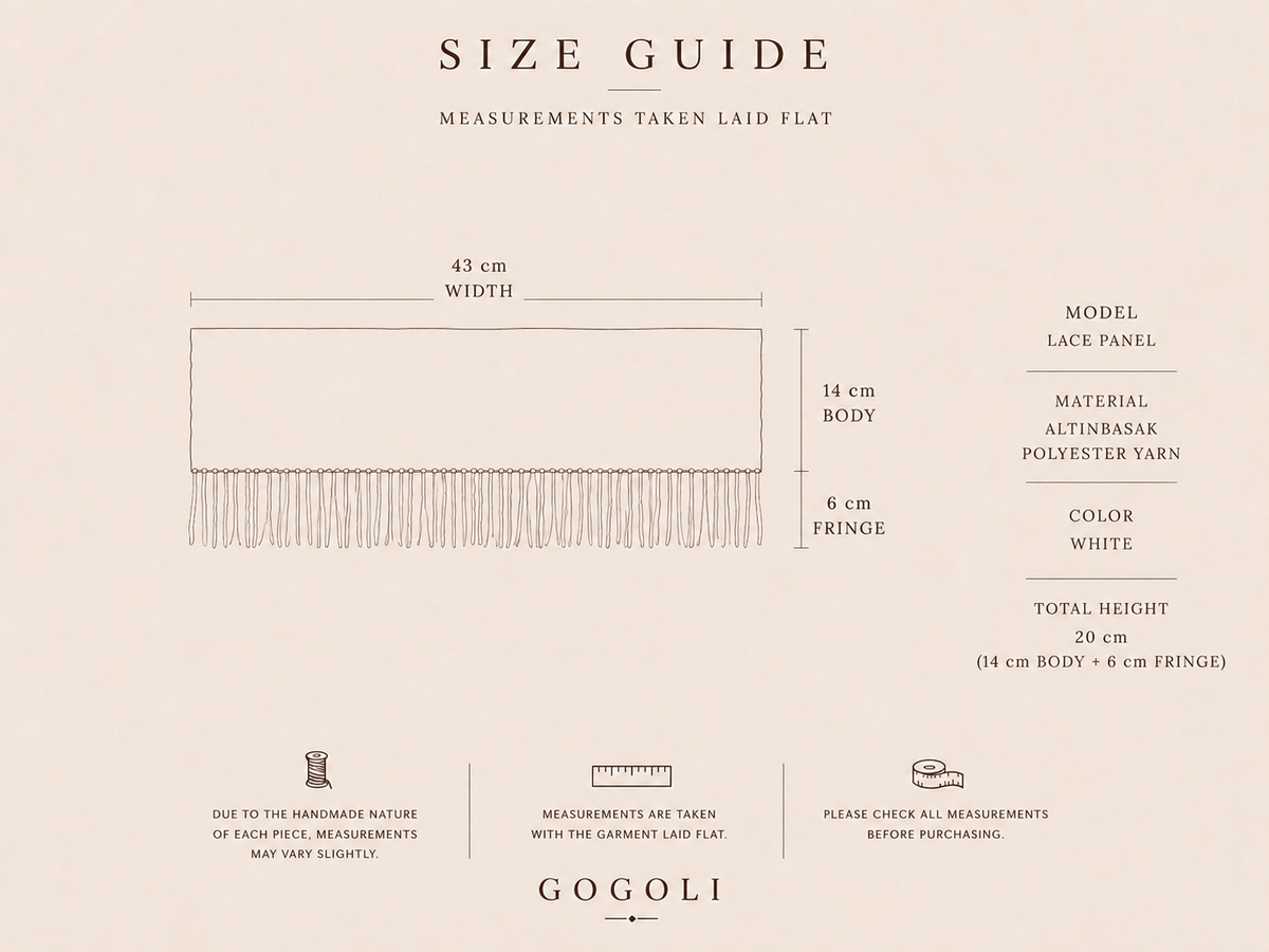 Size guide showing the measurements of the white floral crochet lace panel with fringe
