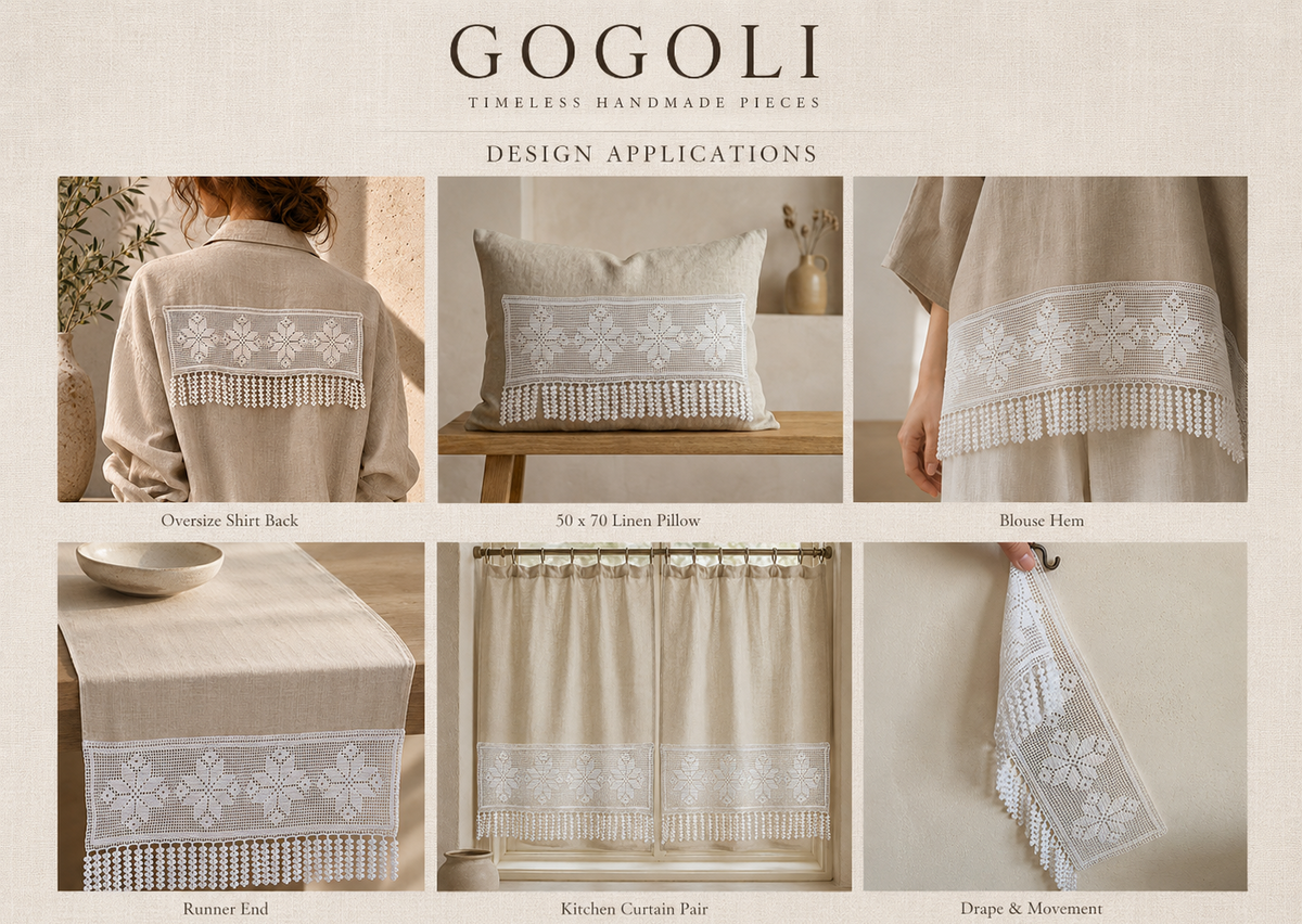 Collage showing the white floral crochet lace panel styled on clothing, cushions, tables and curtains