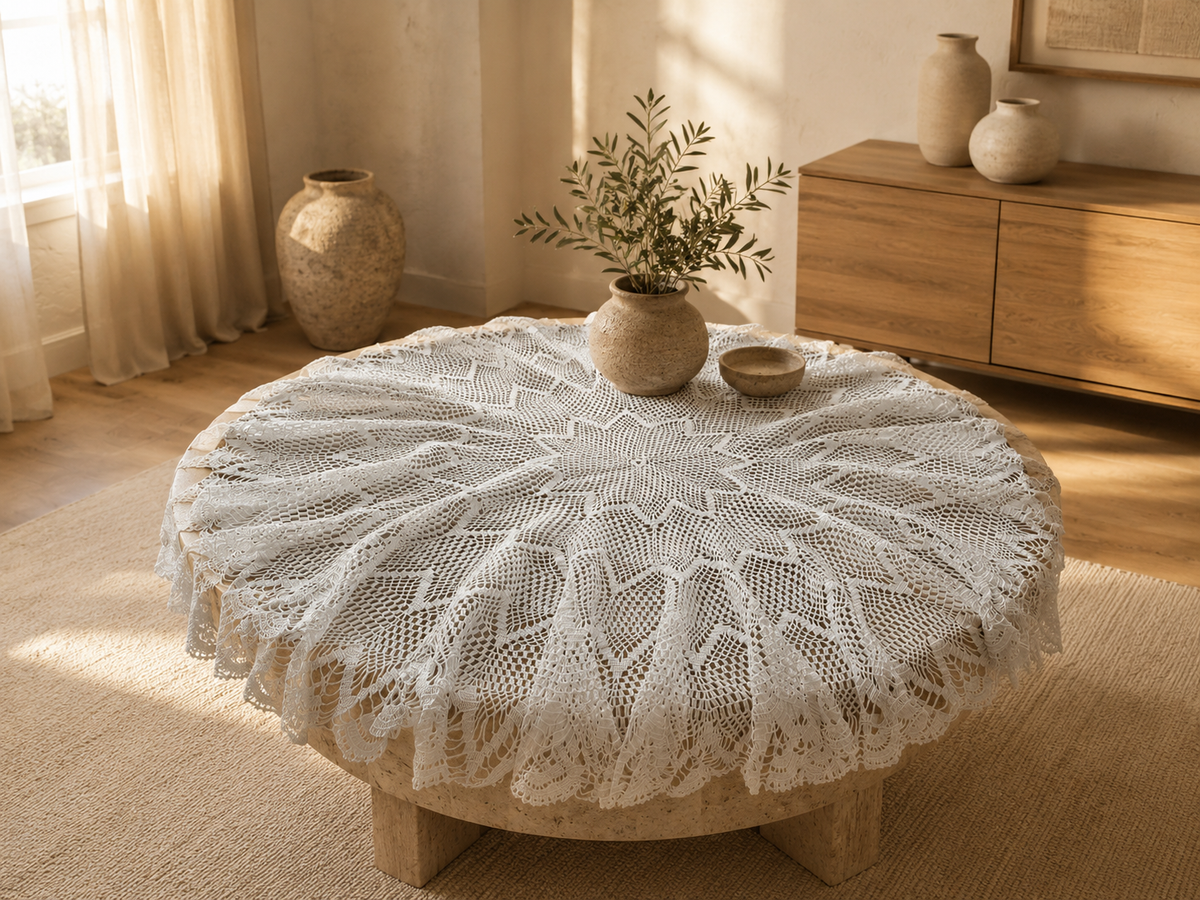 Styled view of the handmade white crochet lace table topper with its softly gathered edge around a round table.