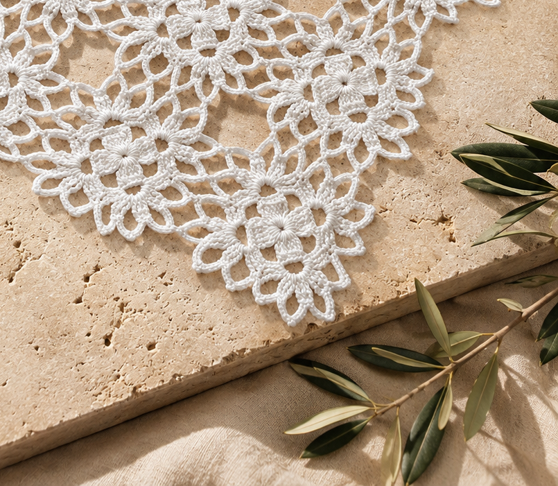 A close-up view of this handmade white crochet motif shows repeating floral patterns, joined openwork, and decorative edges.