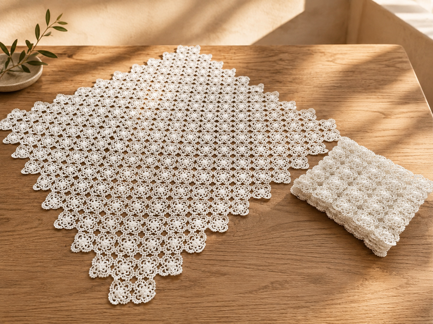 Styled view of the handmade white crochet table-linen set showing the large square centrepiece and smaller matching pieces.
