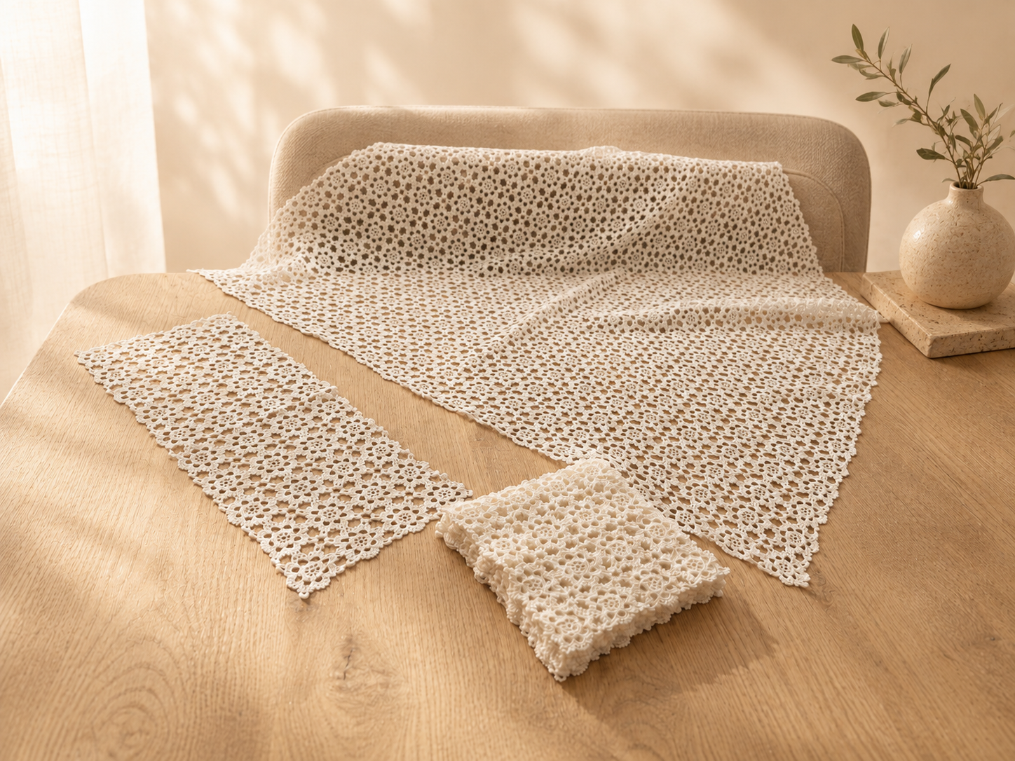 Styled arrangement of the white crochet table-linen set showing the large square topper, rectangular piece and folded small doilies.