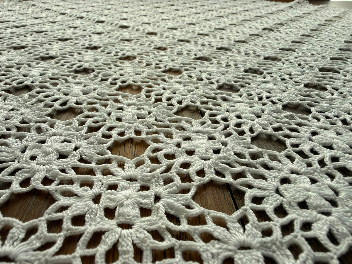 Macro view of the handmade white crochet surface showing repeated motifs, joining points and fine thread texture.