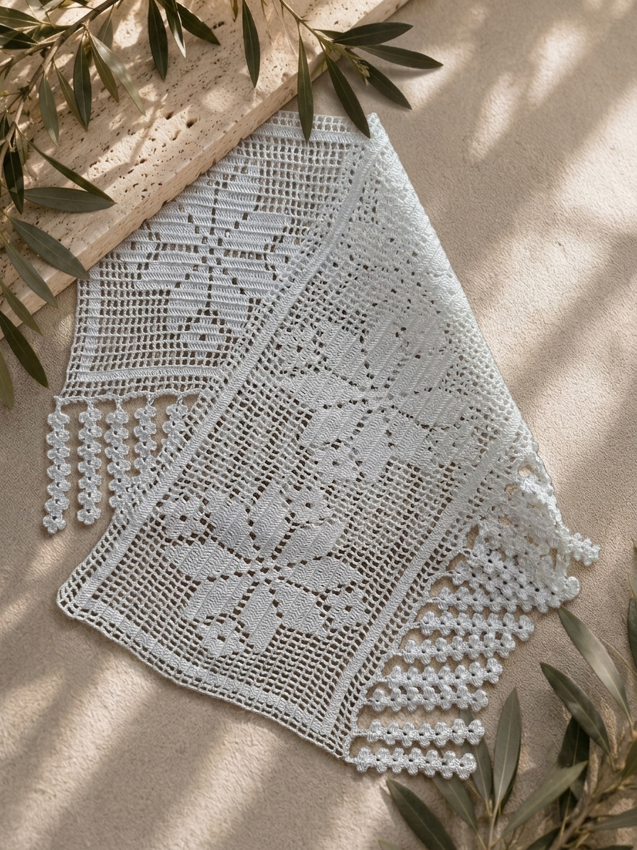 Angled view of the white floral filet crochet lace panel and decorative fringe