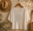 Round white crochet lace motif displayed on a short-sleeve top as a possible textile embellishment.