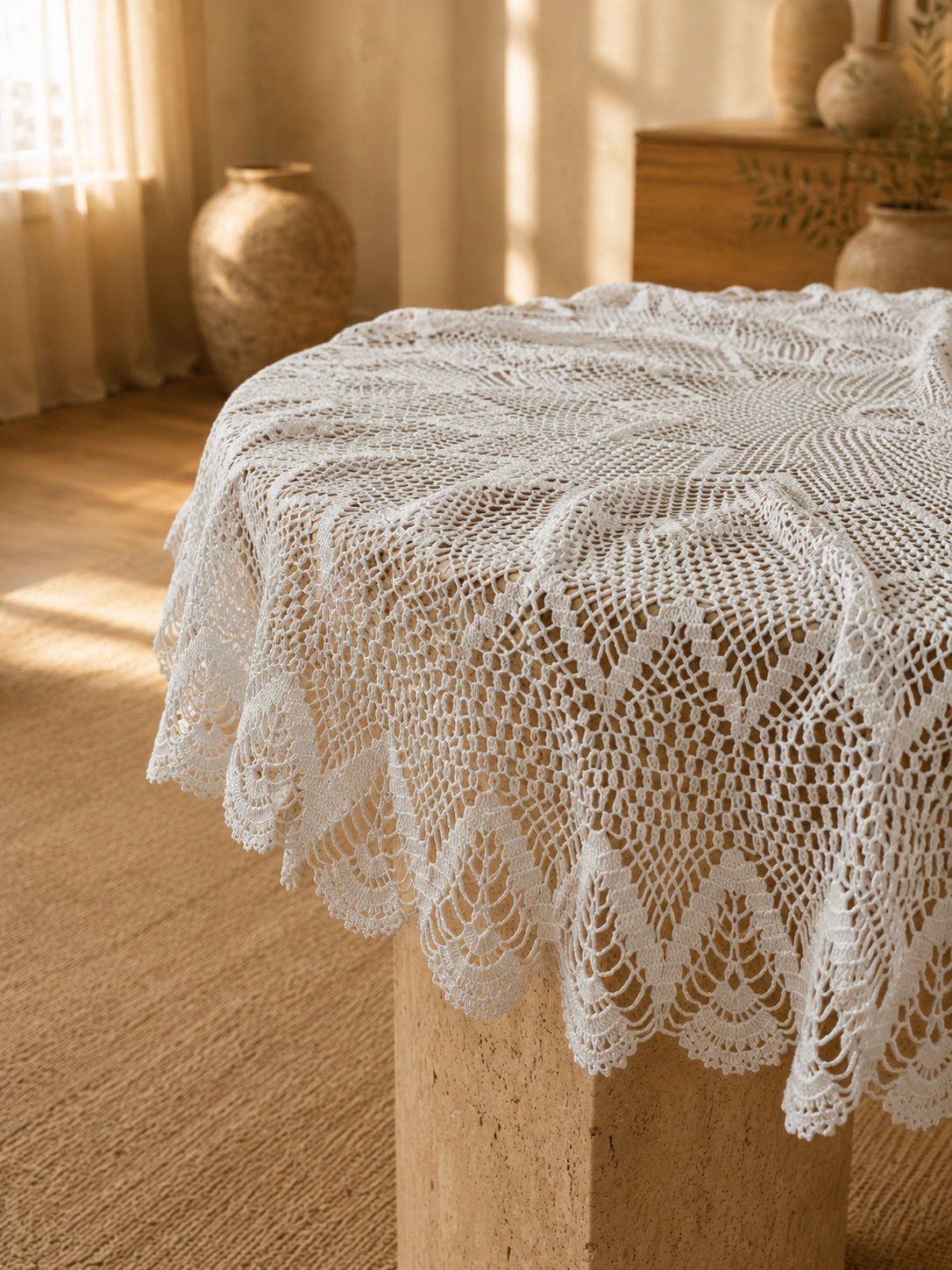 Handmade white round crochet lace table topper draped over a circular table, showing its wide scalloped border.